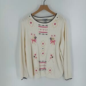 Vintage Cottagecore Embroidered Sweater Cream Floral Bow Knit Pullover Size 2X